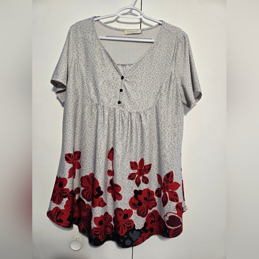 BaiShengGT Women's Casual Red Floral V-Neck‎ Floral Tunic Top Size XXL